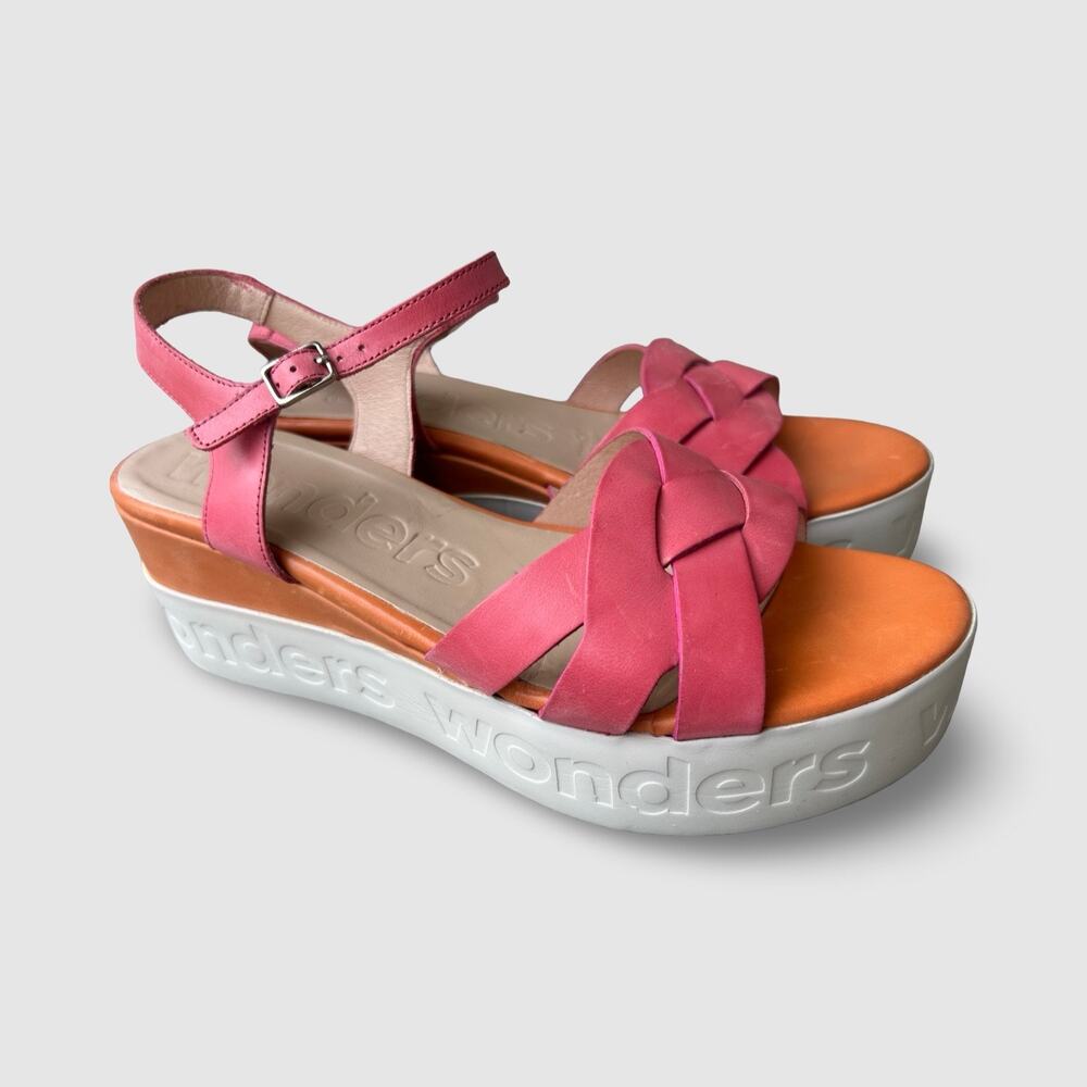 Wonders Fly Pink Leather Wedge Leather Sandals Women’s 41 Strappy Platform